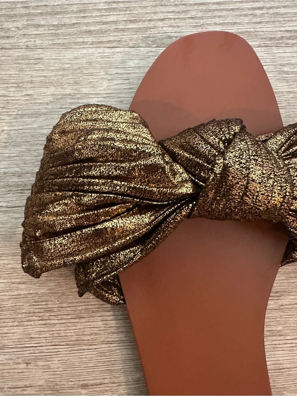 Zara Gold Knot Slide Sandals with Brown Footbed - Picture 2 of 3